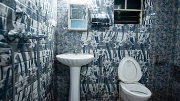 Shower, towels, soap, toilet paper