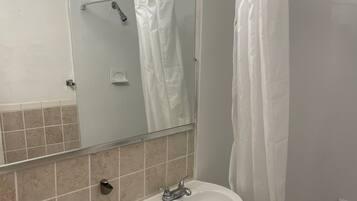 Een badkamer met toilet, wastafel en douche.