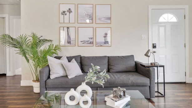 Una sala de estar con un sofá gris, una mesa de centro con objetos decorativos, una planta en maceta y cuadros en la pared.