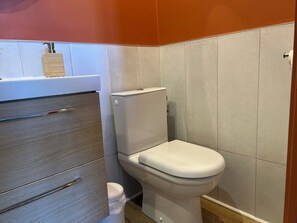 Secadora de cabello, toallas, jabón, papel de baño 