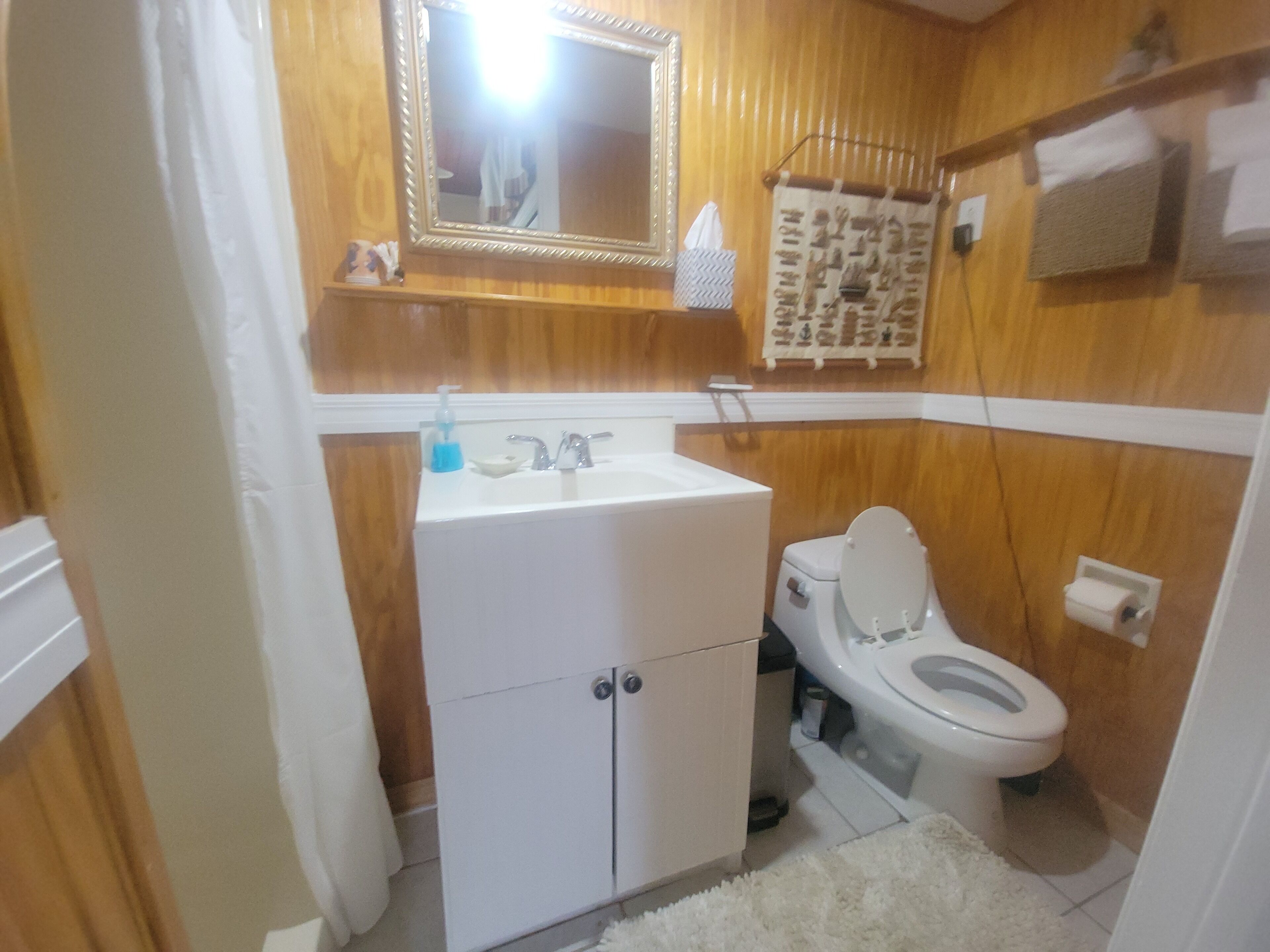 Ein Badezimmer mit einem weißen Waschbecken, einem Spiegel darüber und einer Toilette.