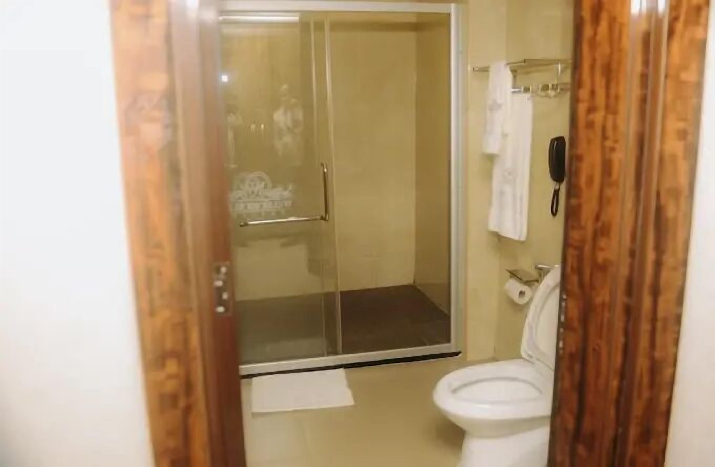 A bathroom with a glass shower enclosure, a toilet, and a telephone.