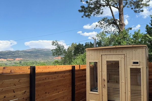 Relax in your private wood burning sauna and cool off in the teak cold plunge.