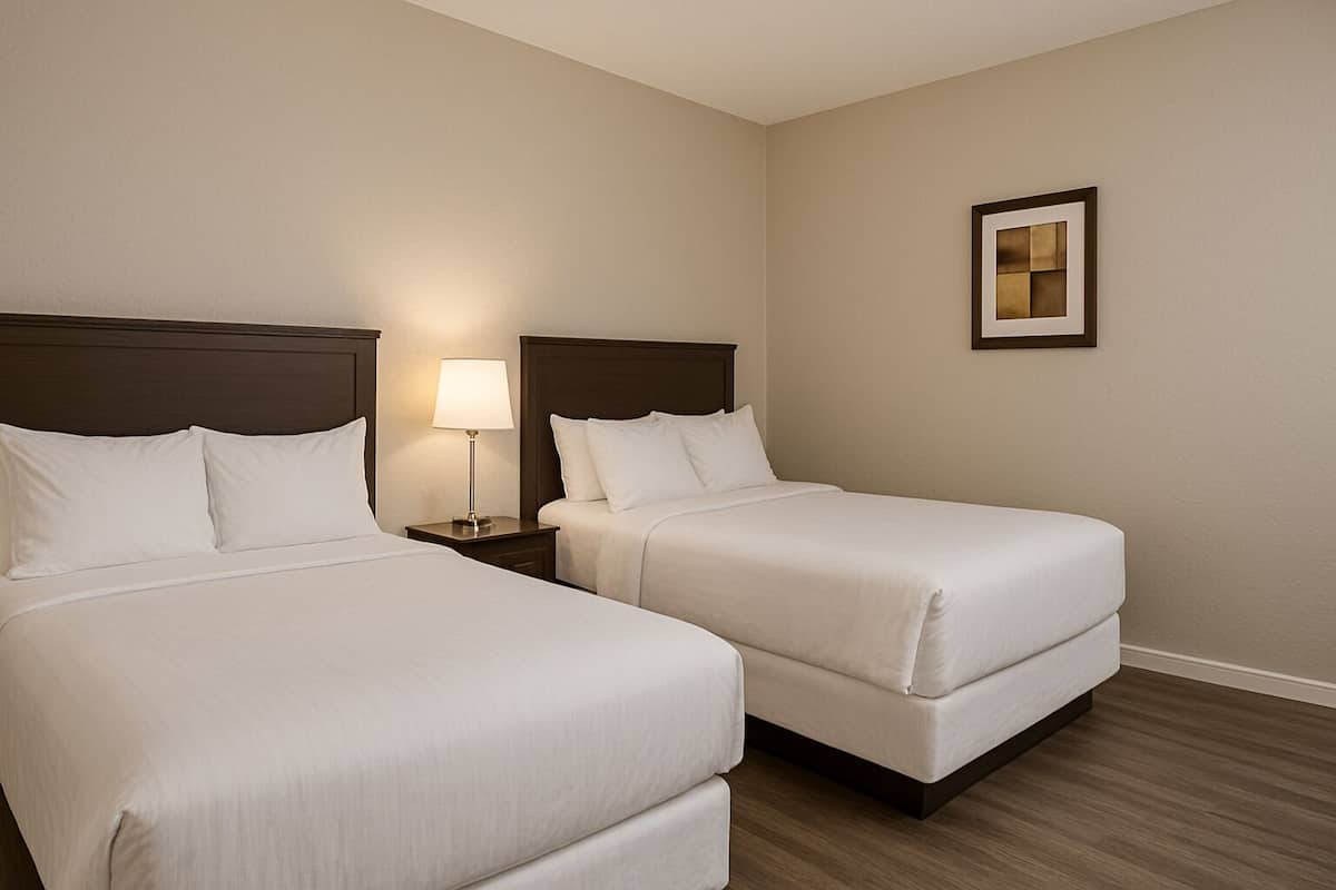A hotel room with two beds, a nightstand with a lamp, and a framed picture on the wall.