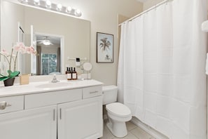 Jetted bath, hair dryer, towels, soap