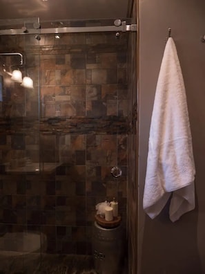 Hair dryer, towels, soap, toilet paper