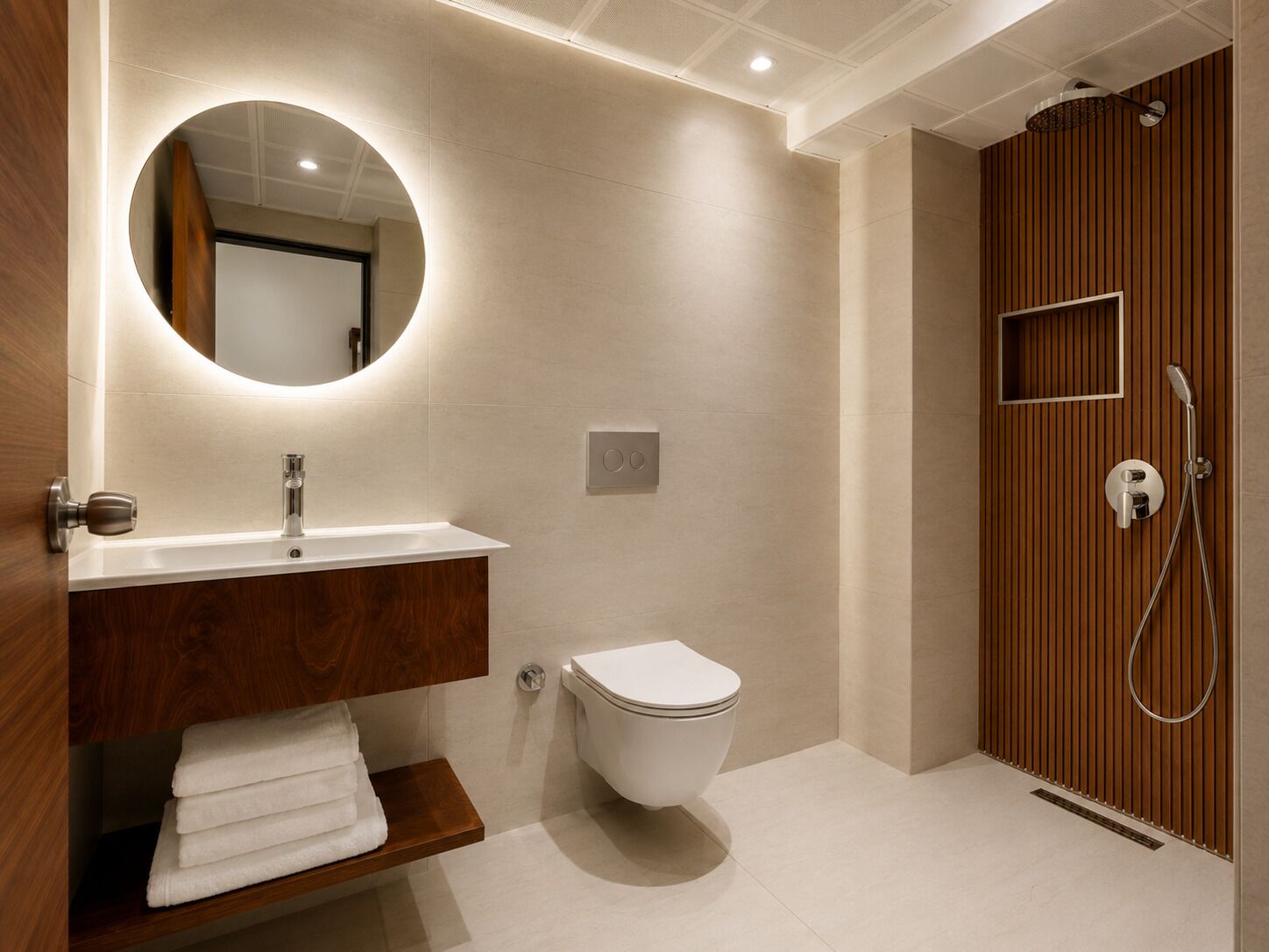 A modern bathroom with a wooden vanity, a round mirror, a toilet, and a shower area.
