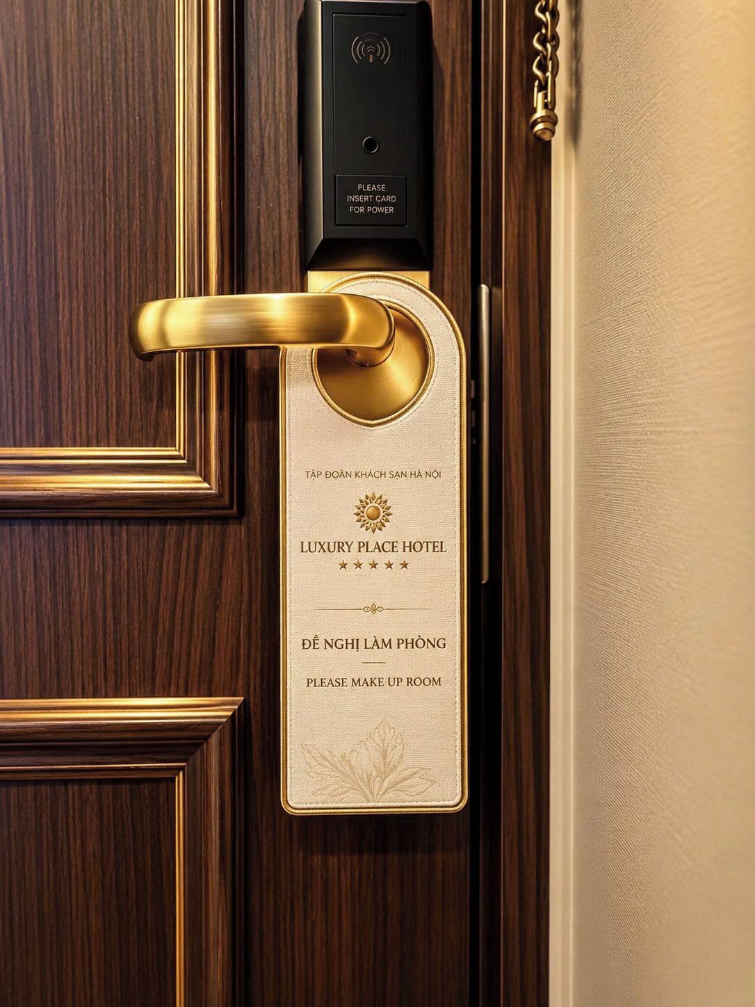 A hotel room door with a golden handle and a card reader above it.