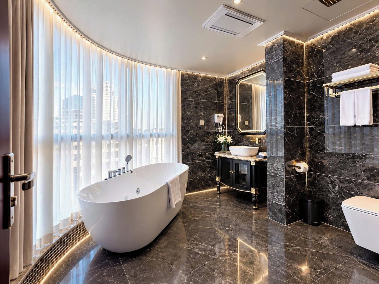 Une salle de bain moderne avec une baignoire sur pieds, un meuble-lavabo avec un miroir et des toilettes.