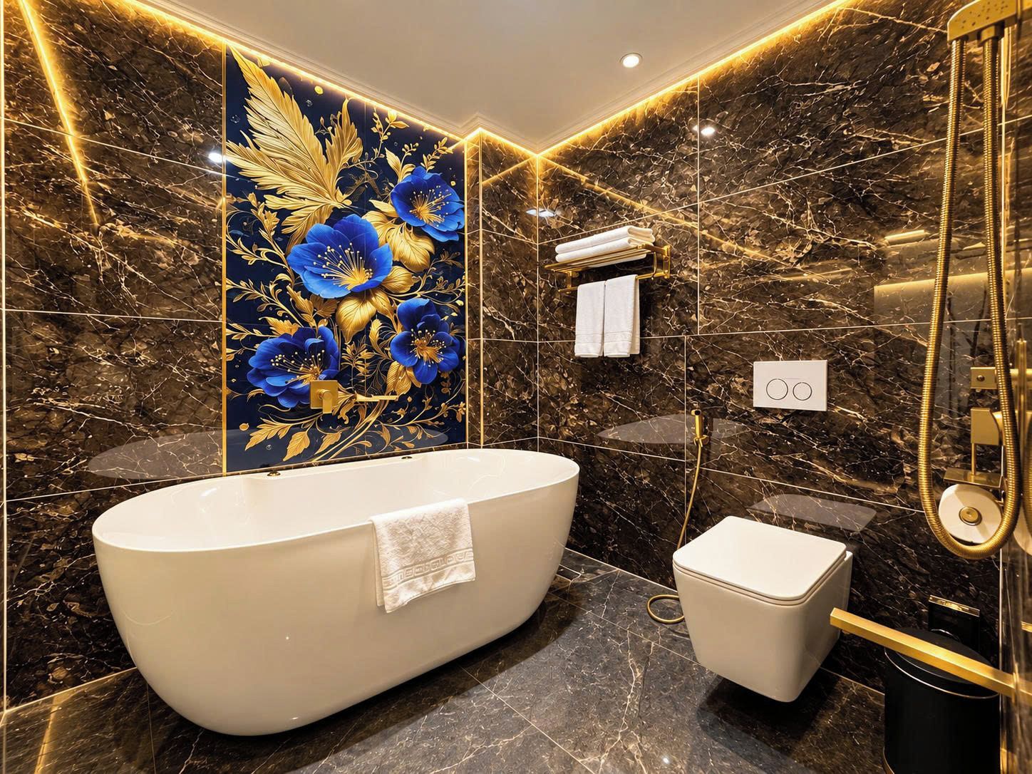 Un baño moderno con una bañera independiente, un inodoro y una zona de ducha.