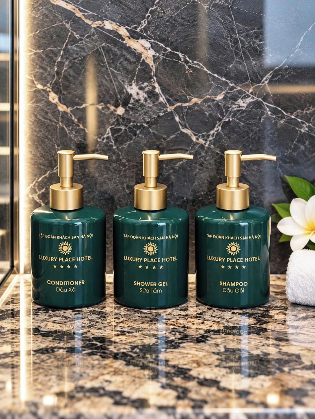 Three bottles of Luxury Place Hotel products on a marble surface.