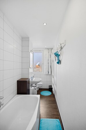 Secadora de cabello, toallas, jabón, papel de baño