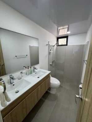 Regadera, toallas, papel de baño 