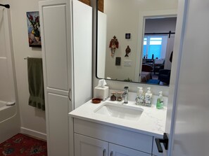 Hair dryer, towels, soap