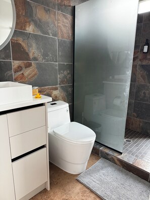 Douche, séchoir à cheveux, serviettes fournies, savon