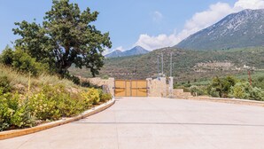 A paved driveway leading to a wooden gate with a mountain backdrop.