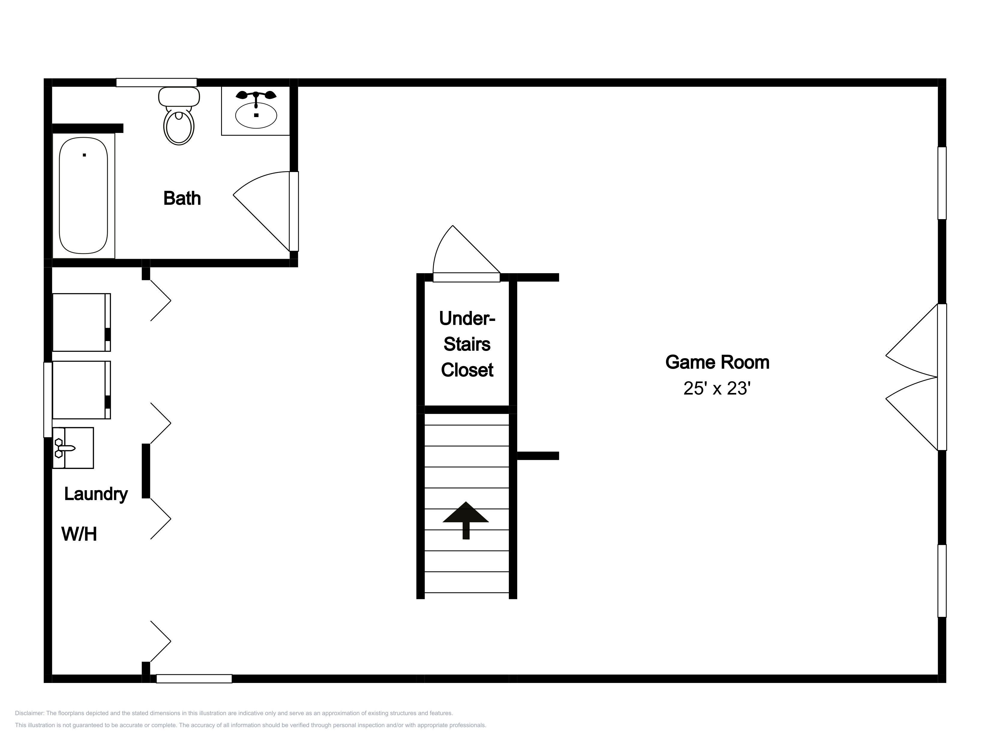 A floor plan with a game room measuring 25' x 23', an under-stairs closet, a laundry area, and a bathroom.