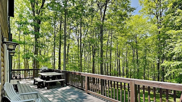 Un pontile in legno con tavoli e sedie da picnic, immerso in una foresta.