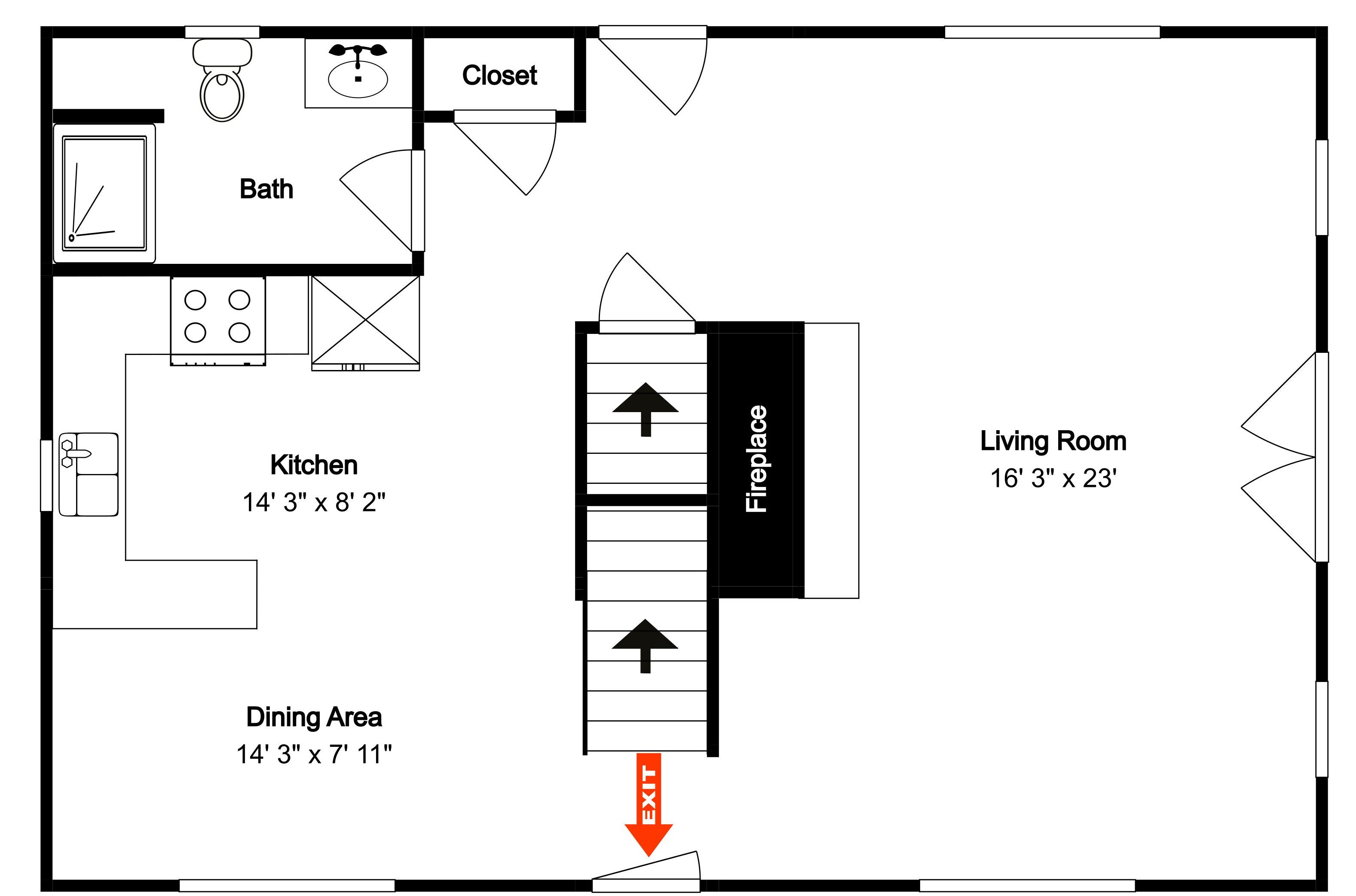 A floor plan with a kitchen, dining area, bathroom, closet, fireplace, and living room.