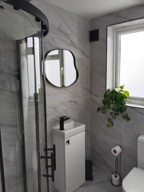 Shower, towels, soap, toilet paper