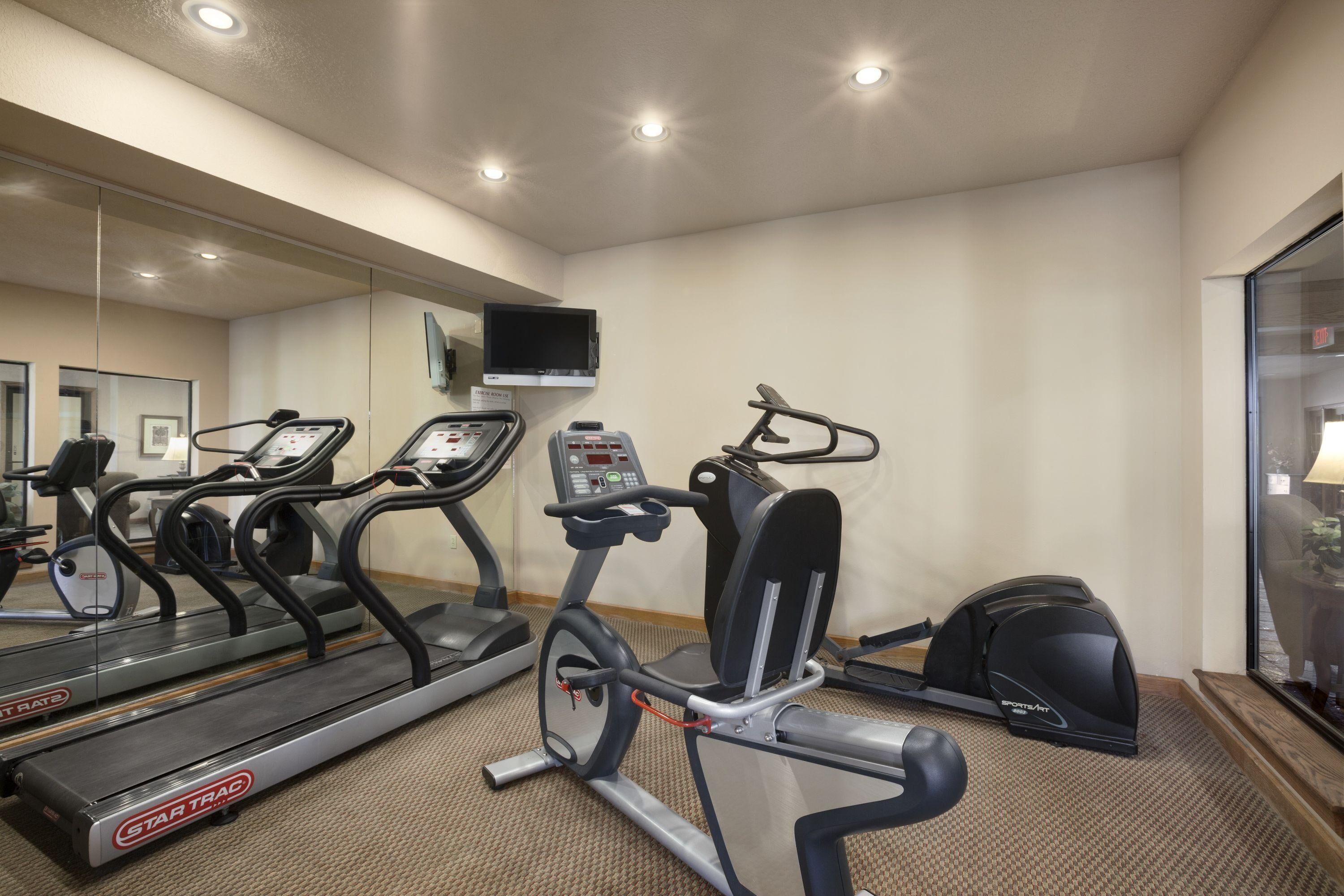 Une salle de sport équipée de tapis de course, d’un vélo elliptique et d’un vélo d’appartement.