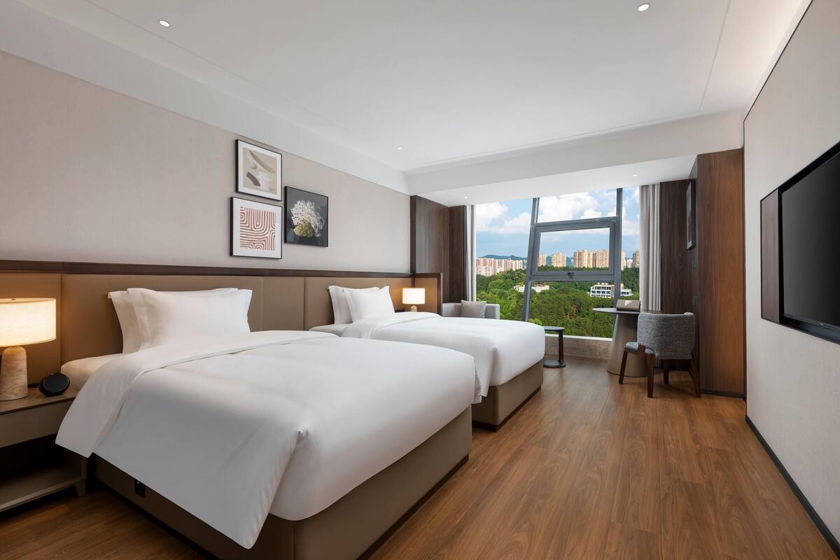 A hotel room with two beds, a TV, a desk with a chair, and a view of the city.