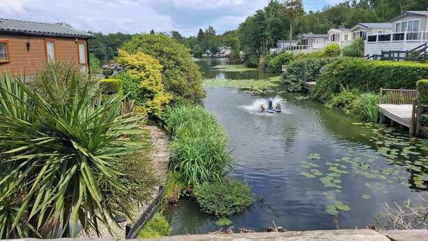 Vista del río con un muelle de madera, exuberante vegetación y una masa de agua tranquila.