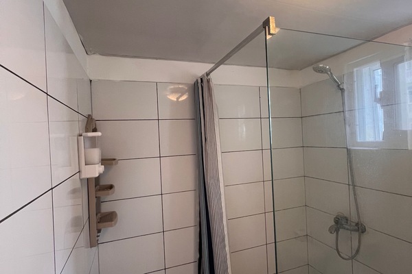 Estudio clásico, balcón, vista a la alberca | Baño | Regadera, secadora de cabello, toallas, jabón
