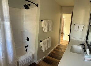 Hair dryer, bidet, towels, soap