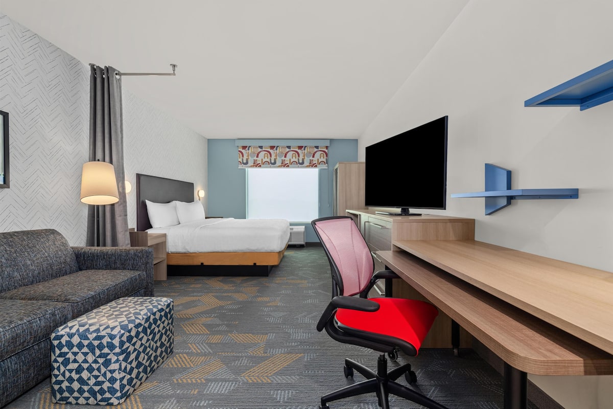 Una habitación de hotel con una cama, un escritorio, una silla, un televisor y un sofá.