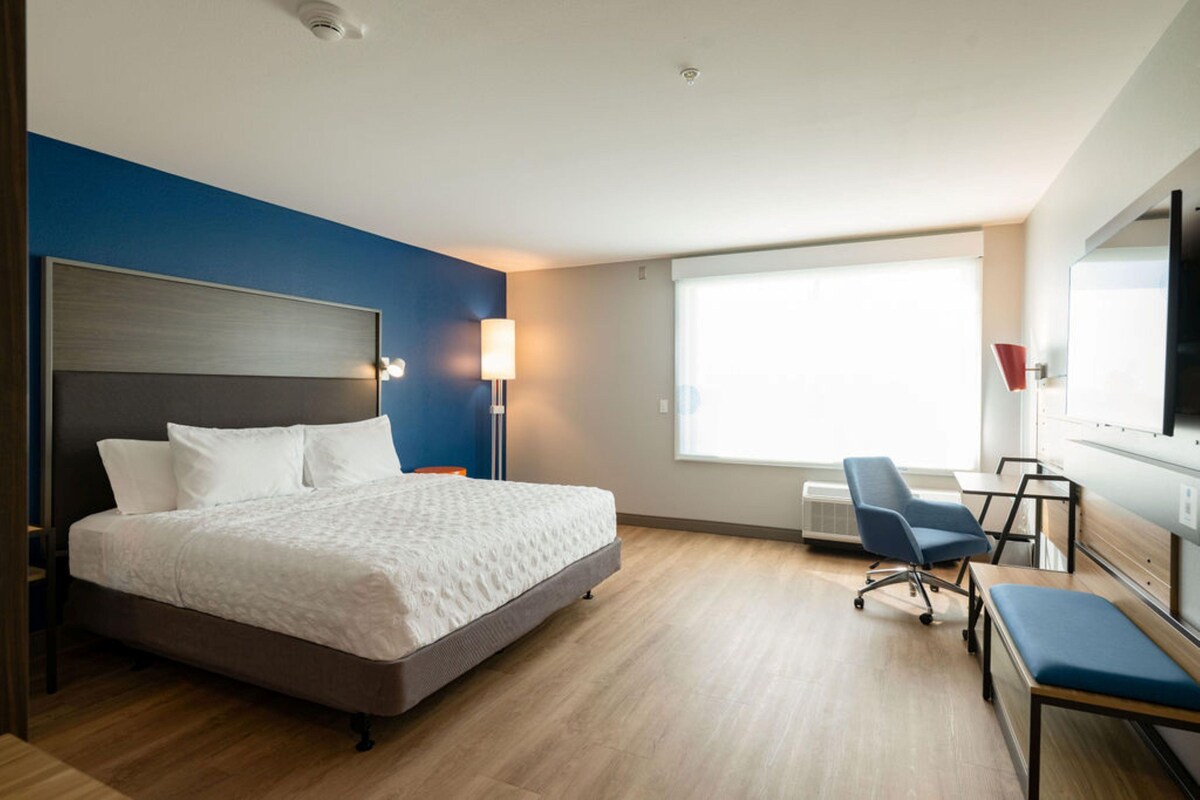Une chambre d’hôtel moderne équipée d’un grand lit, d’un bureau, d’une chaise et d’une télévision.