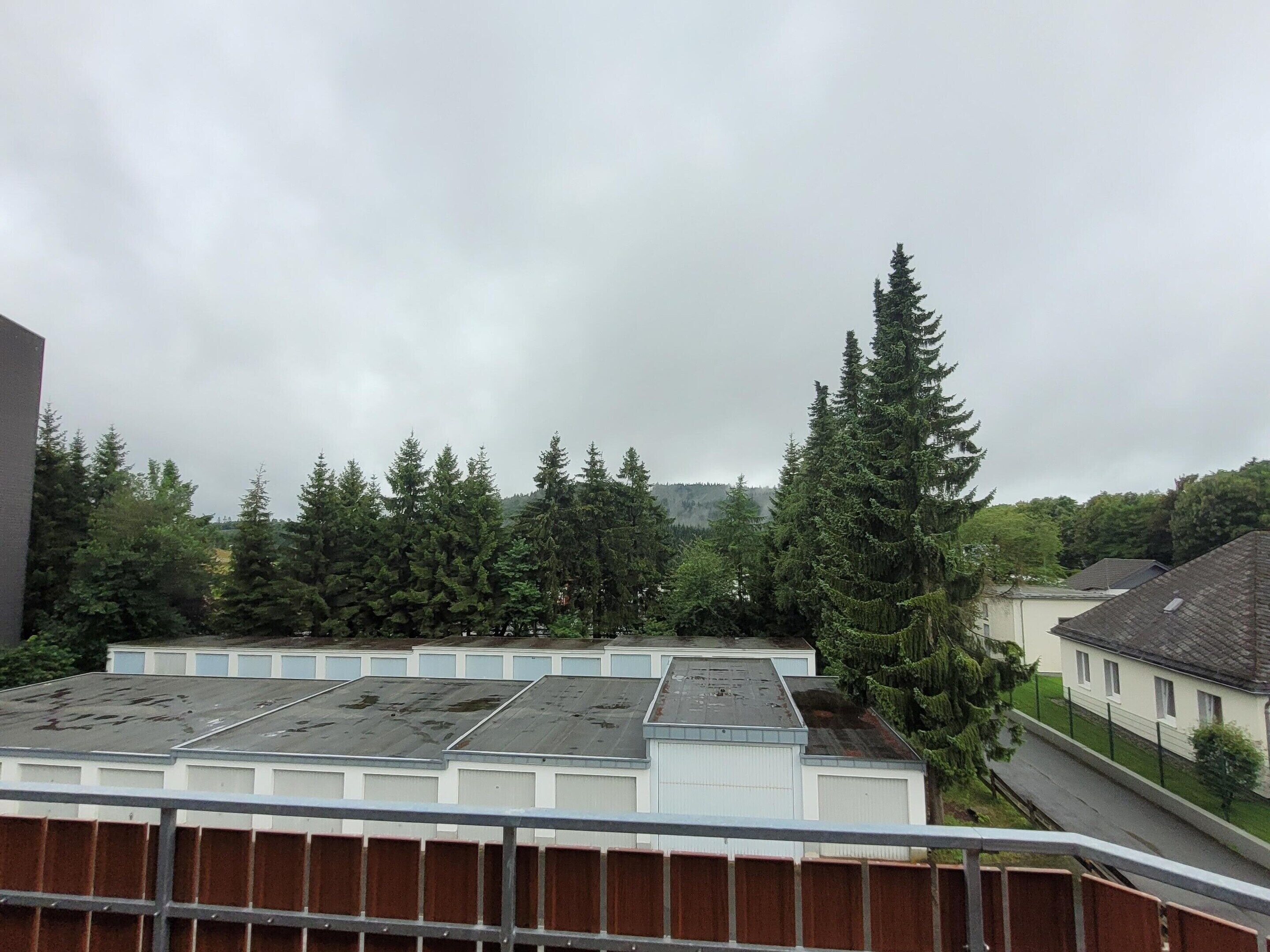 A residential area with a row of houses, a large evergreen tree, and a building with a flat roof.