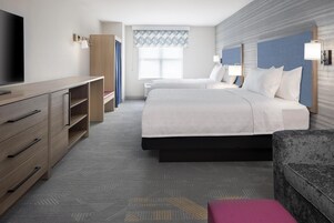 Desk, laptop workspace, blackout drapes, soundproofing