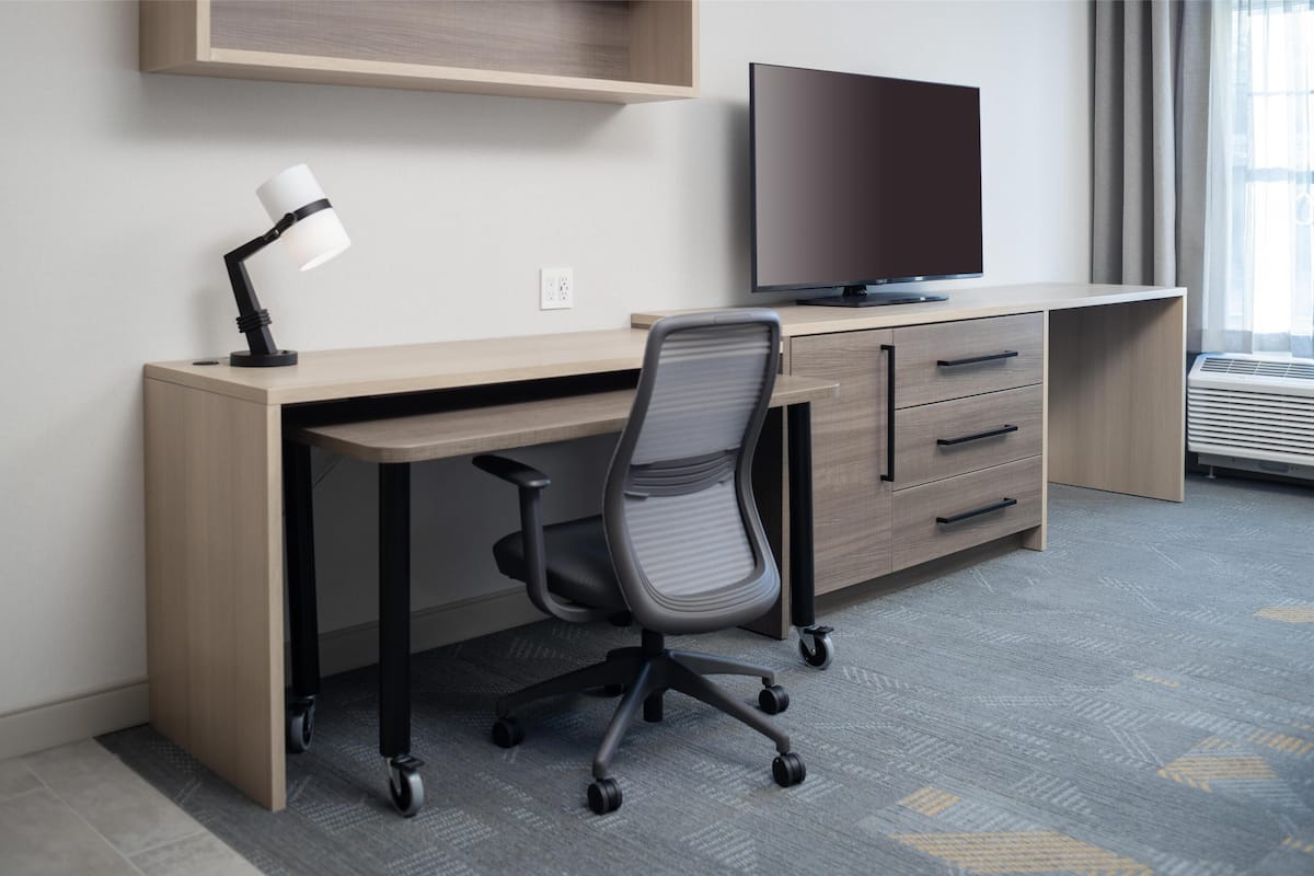 Desk, laptop workspace, blackout curtains, soundproofing