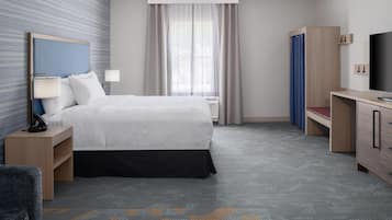 Desk, laptop workspace, blackout curtains, soundproofing