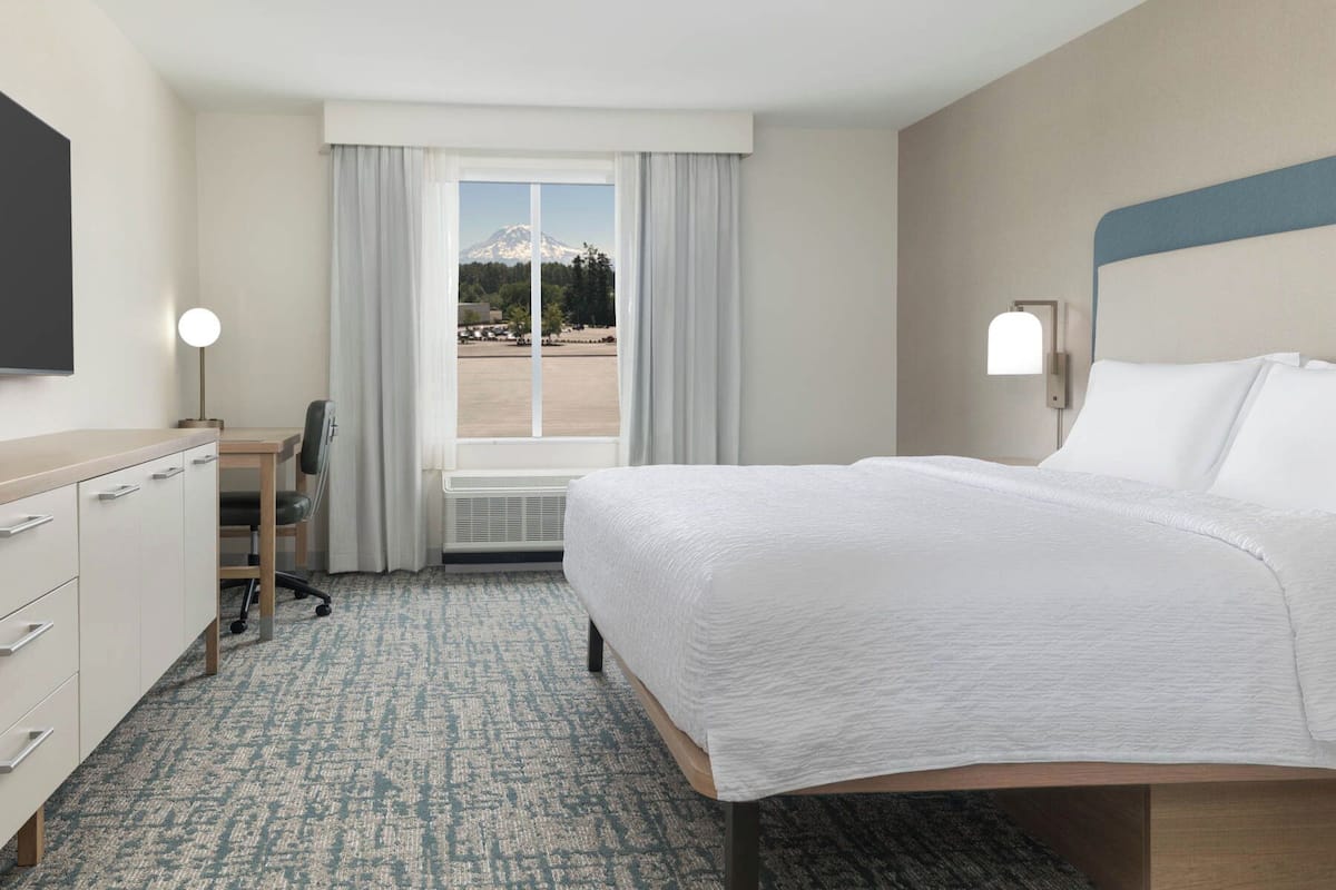 A hotel room with a bed, a desk, a chair, a flat-screen TV, a window with a mountain view, and a wall-mounted light.