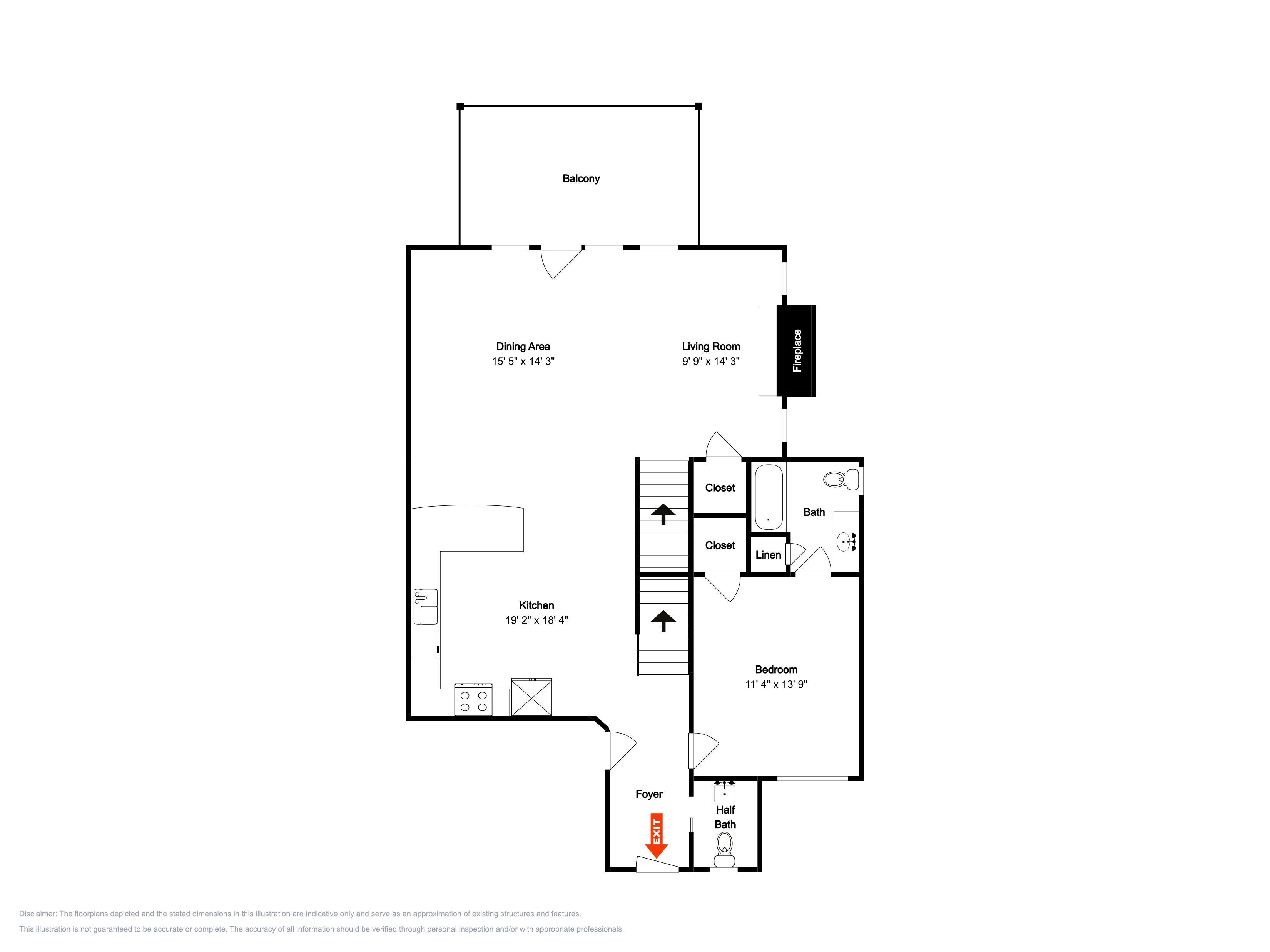 A floor plan with a dining area, kitchen, living room, bedroom, bathroom, and foyer.
