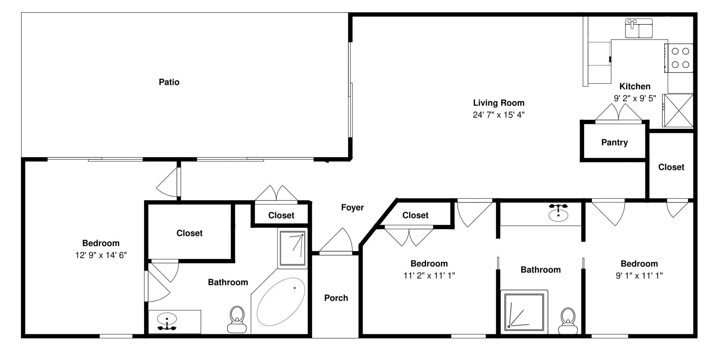 A floor plan of a house with a patio, two bedrooms, a living room, a kitchen, a bathroom, and a foyer.