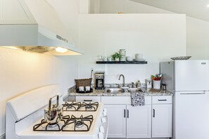 Fridge, microwave, stovetop, coffee/tea maker