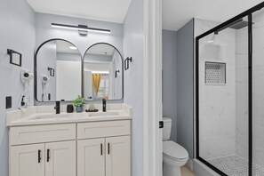 Hair dryer, towels, soap, toilet paper