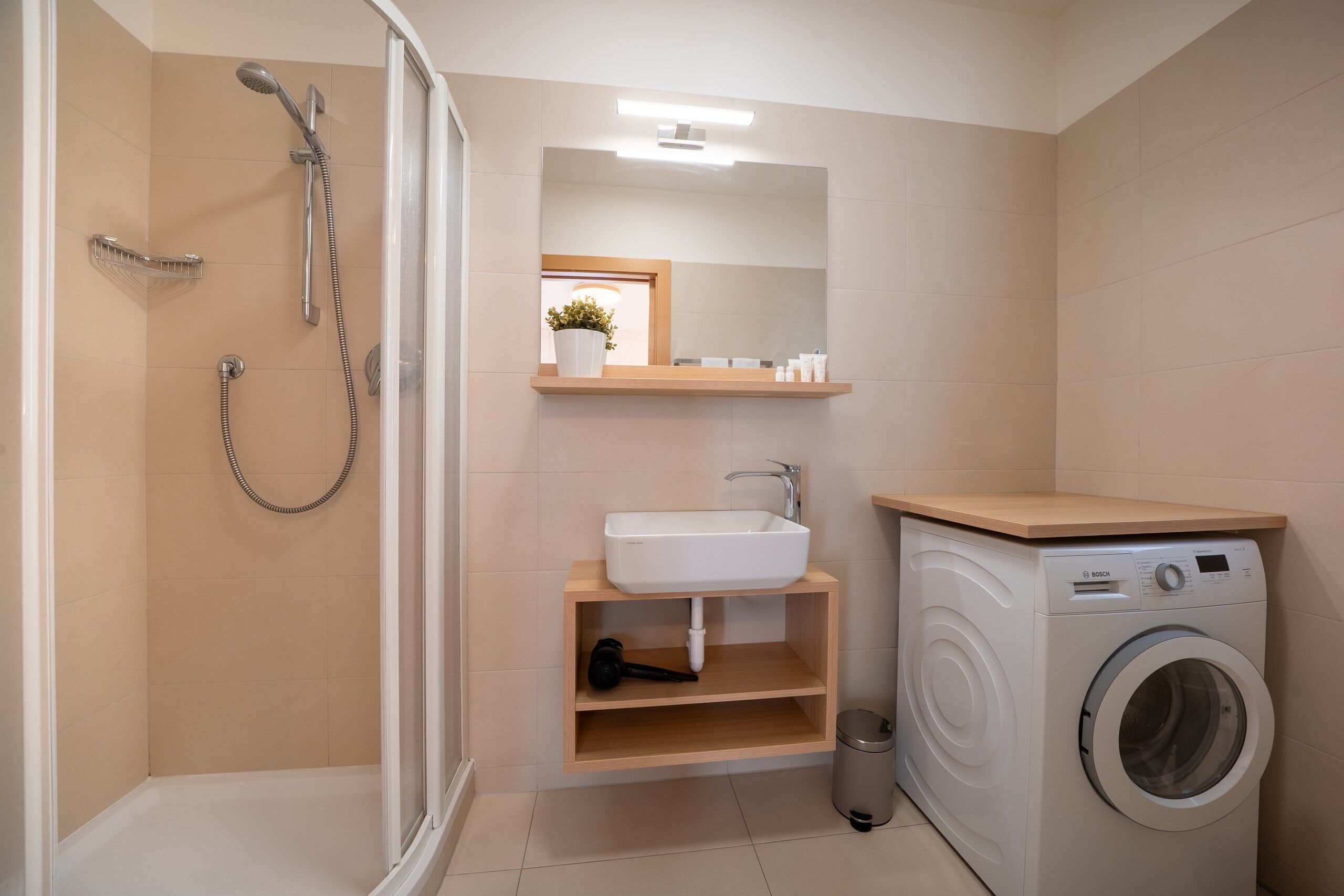 Shower, hair dryer, towels