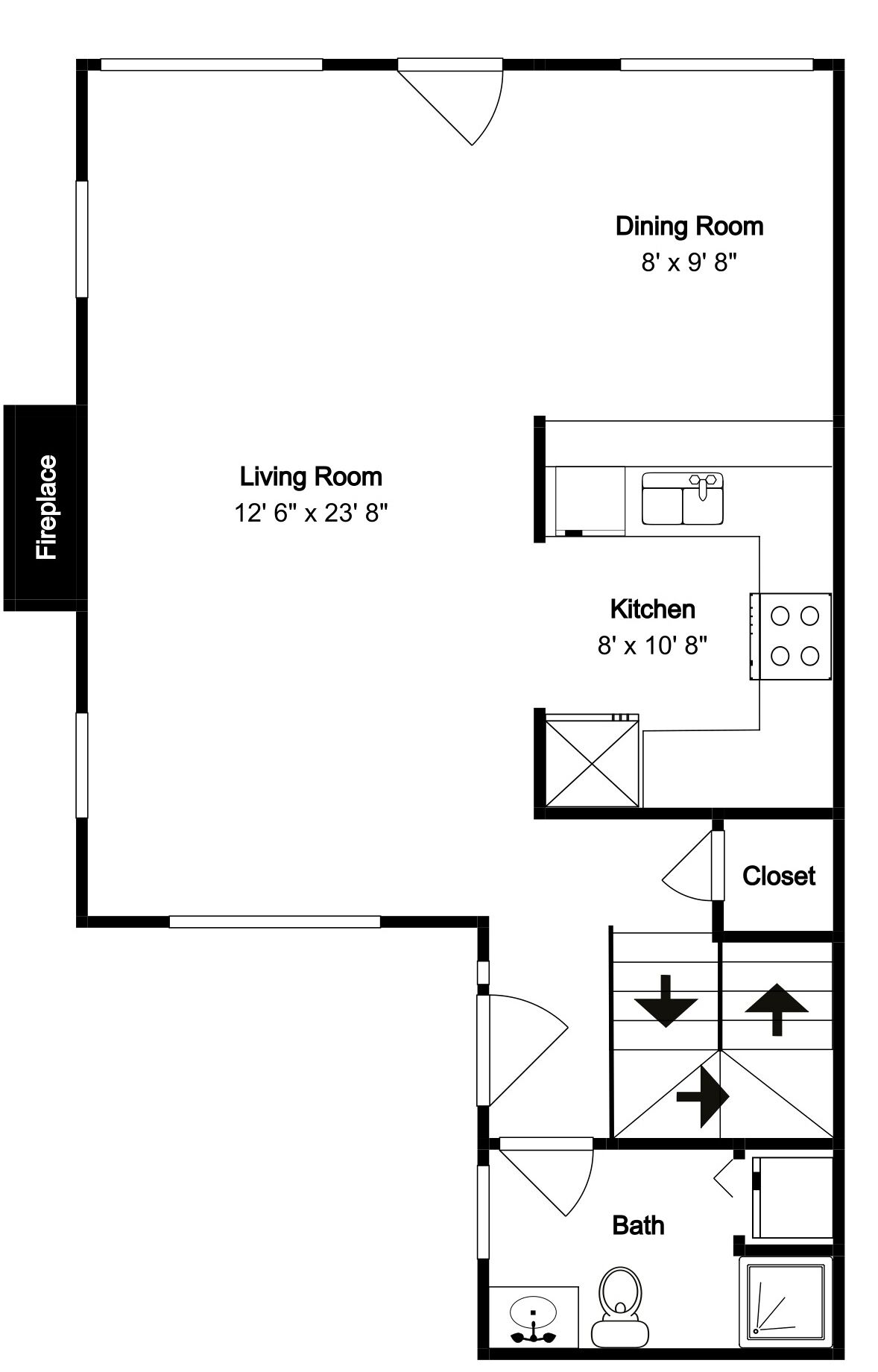 Een plattegrond met een terras, woonkamer, eetkamer, keuken, kast en badkamer.