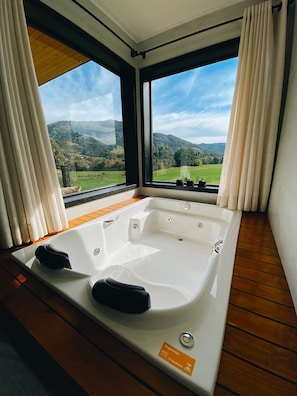 Separate tub and shower, jetted tub, hair dryer, bathrobes
