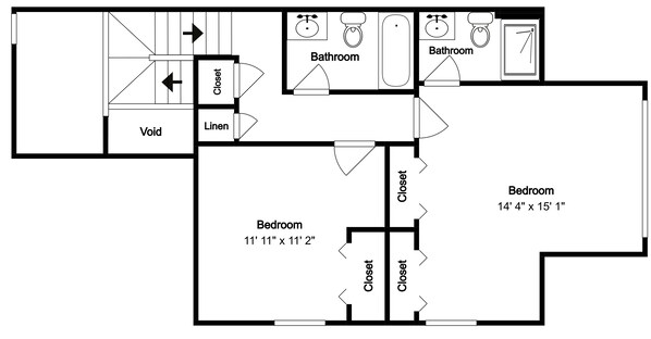 A floor plan with two bedrooms, a bathroom, a closet, and a void. - Helmstetler #3B by Topsail Realty (Holly Ridge)