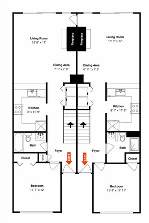 A floor plan of a hotel room with a living room, dining area, kitchen, bathroom, and two bedrooms. - Here Comes The Sun by Carolina Retreats (Carolina Beach)