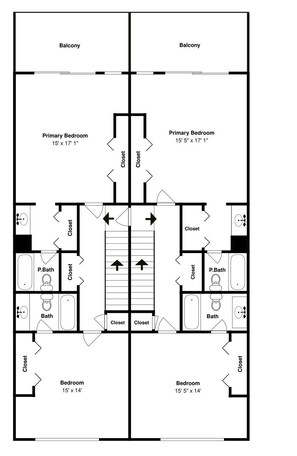 A floor plan of a hotel room with a primary bedroom measuring 15' 5" x 17' 1", a secondary bedroom measuring 15' x 14', two closets, a bathroom, and a balcony. - Here Comes The Sun by Carolina Retreats (Carolina Beach)
