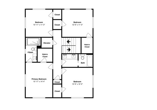 Un plan d’étage comprenant deux chambres, une salle de bain, une chambre principale et un ascenseur.