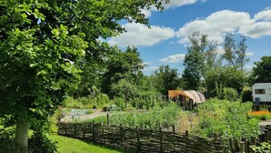 A garden with a wooden fence, a tree, and a white caravan in the background. - Luxury Group Retreat in Nature (Scherpenzeel)