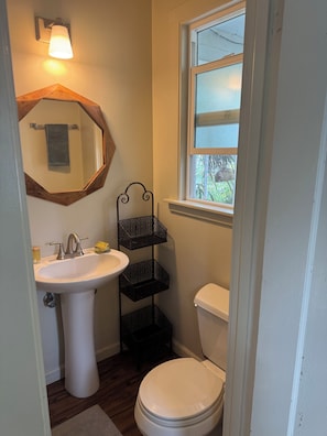 Shower, towels, soap, toilet paper