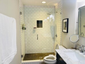 Hair dryer, towels, soap, toilet paper
